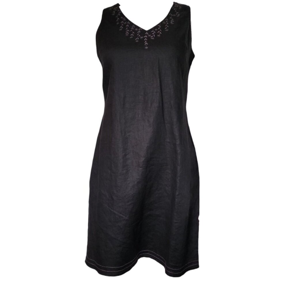 Eddie Bauer Dress Womens Size 4P 4 Petite Black Embroidered 100% Linen